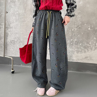 欧货阔腿米奇卫裤女冬季加绒加厚慵懒休闲运动米老鼠束口直筒长裤