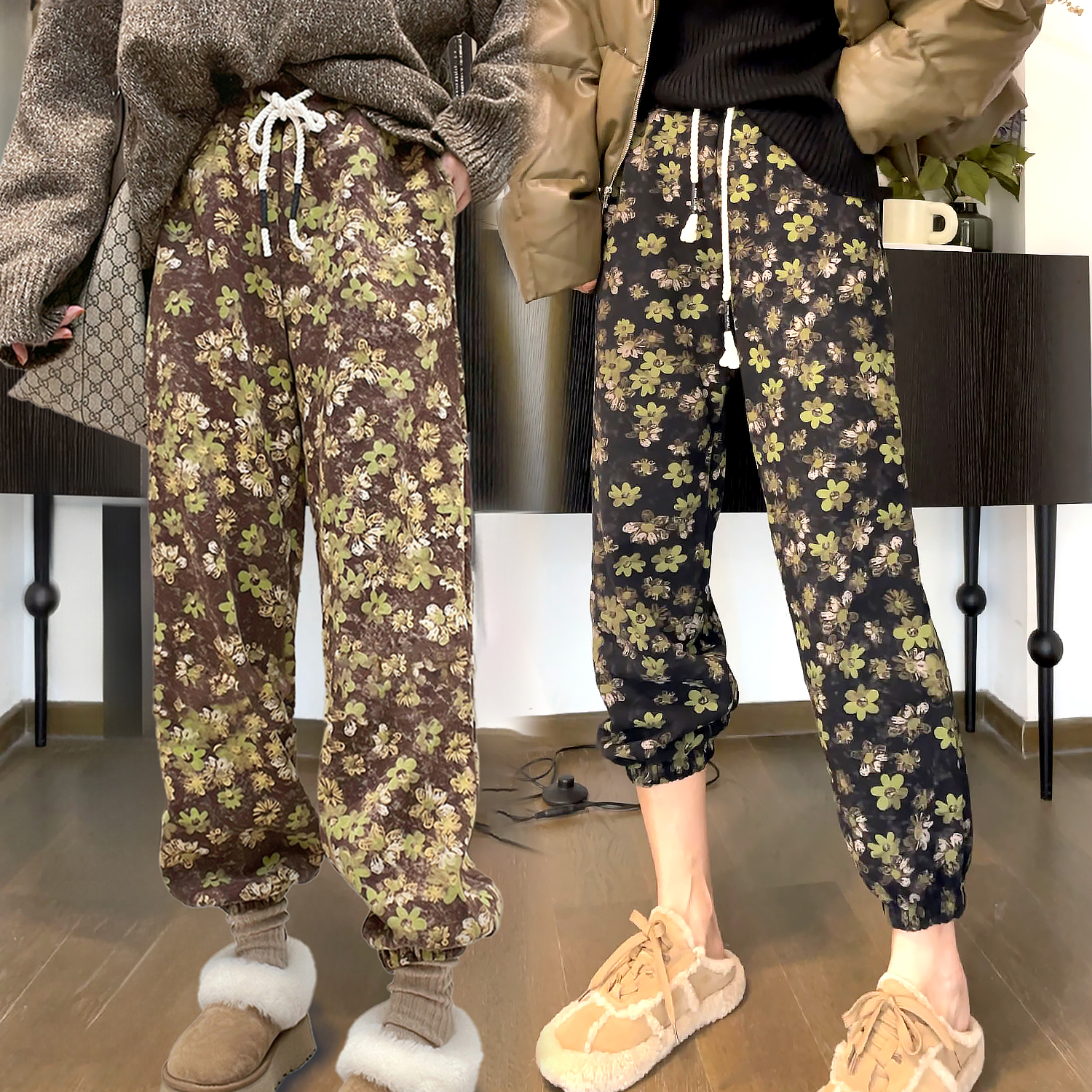 欧货复古印花束脚裤女加绒九分裤