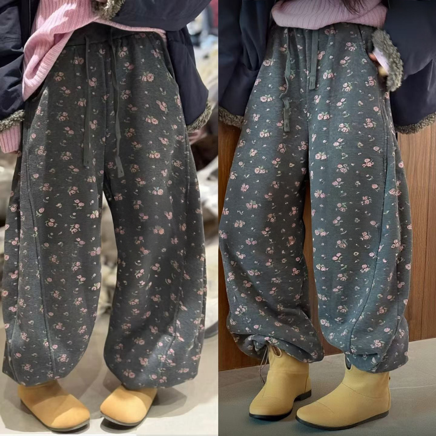 花花卫裤女抽绳阔腿裤女加绒加厚2025冬季新款宽松休闲两穿运动裤