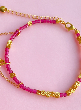 绝美天然无烧红宝石方糖手链高保色铜钱币细手链