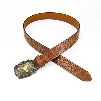 Denim belt cow head large plate buckle trendy 牛仔皮带牛头
