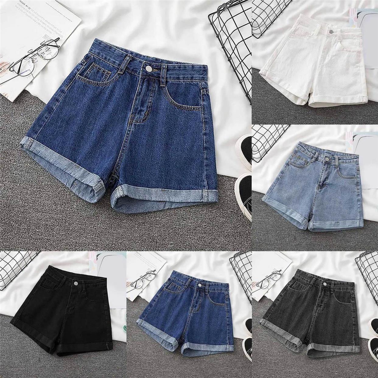 Women Mid Waist Denim Shorts Hip Wrap Rolled Up Jeans Short