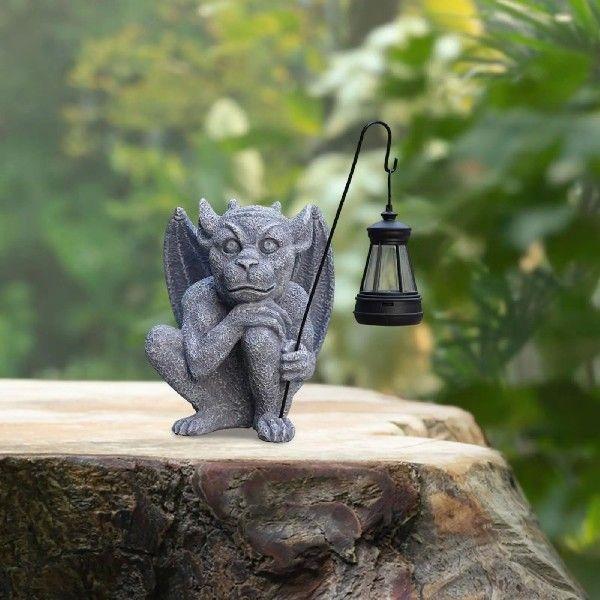 Garden Guardian Statue with Solar Light Lantern for Walkway