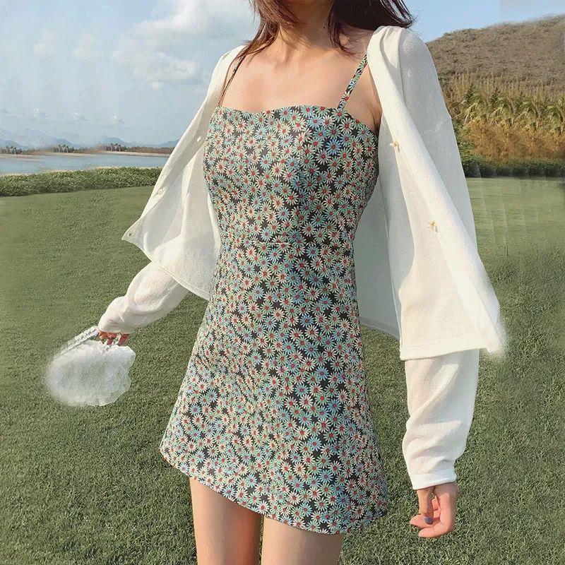 Sexy U-Neck Straps Backless Print Mini Dress Summer Sleevele