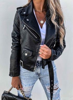 欧美风拉炼机车pu皮衣外套 S-3XL jacket women fur coat leather