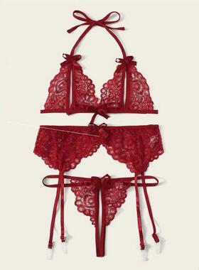 Sexy lace bra panties garter belt bikini three-piece suit