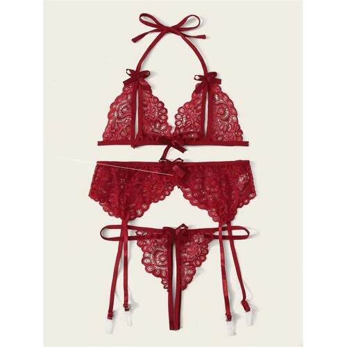 Sexy lace bra panties garter belt bikini three-piece suit