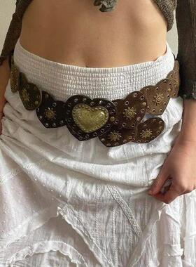 Brown Pinned Belt Y2k Accessories Decorated with White Love