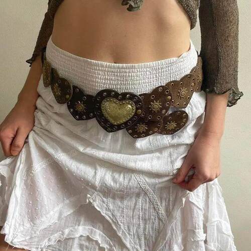 Brown Pinned Belt Y2k Accessories Decorated with White Love