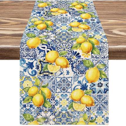 Summer Lemon Tiles Linen Table Runner Holiday Party Decor Re
