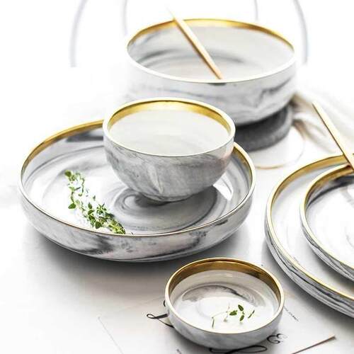 Marble - gilt ceramic western tableware set, bowl, plate