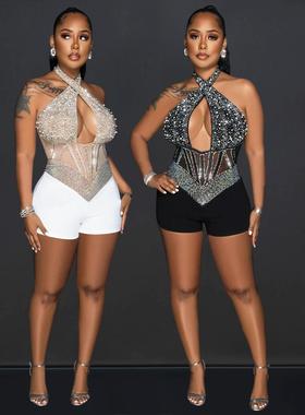 sexy backless halter Jumpsuits 欧美女装性感网纱烫钻连体裤女