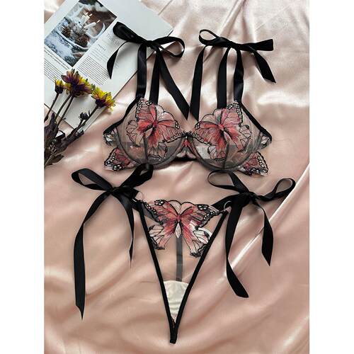 Transparent mesh ladies sexy suit蝴蝶刺绣吊带透明网纱内衣套