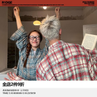 R1DGE 美式复古磨毛格纹长袖衬衫男女休闲外套痞帅衬衣外套新款