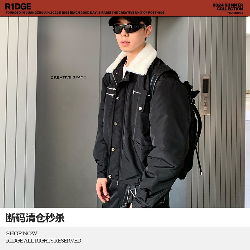 R1DGE 冬季可拆卸毛领黑色棉服外套男夹克保暖工装厚棉衣飞行员潮