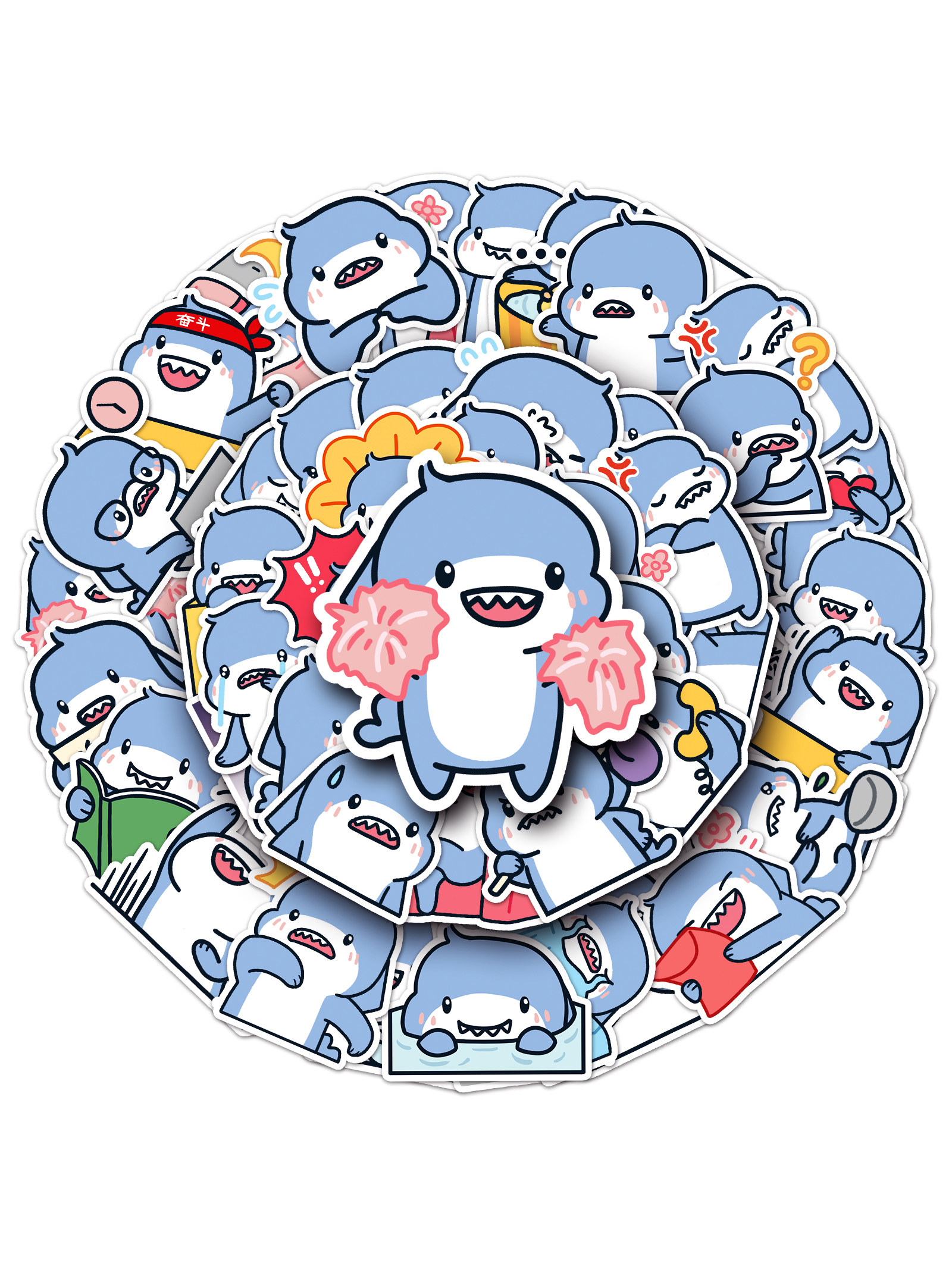 50张原创胖胖鲨贴纸不侵权卡通动物可爱防水可滴胶手账本咕卡礼品