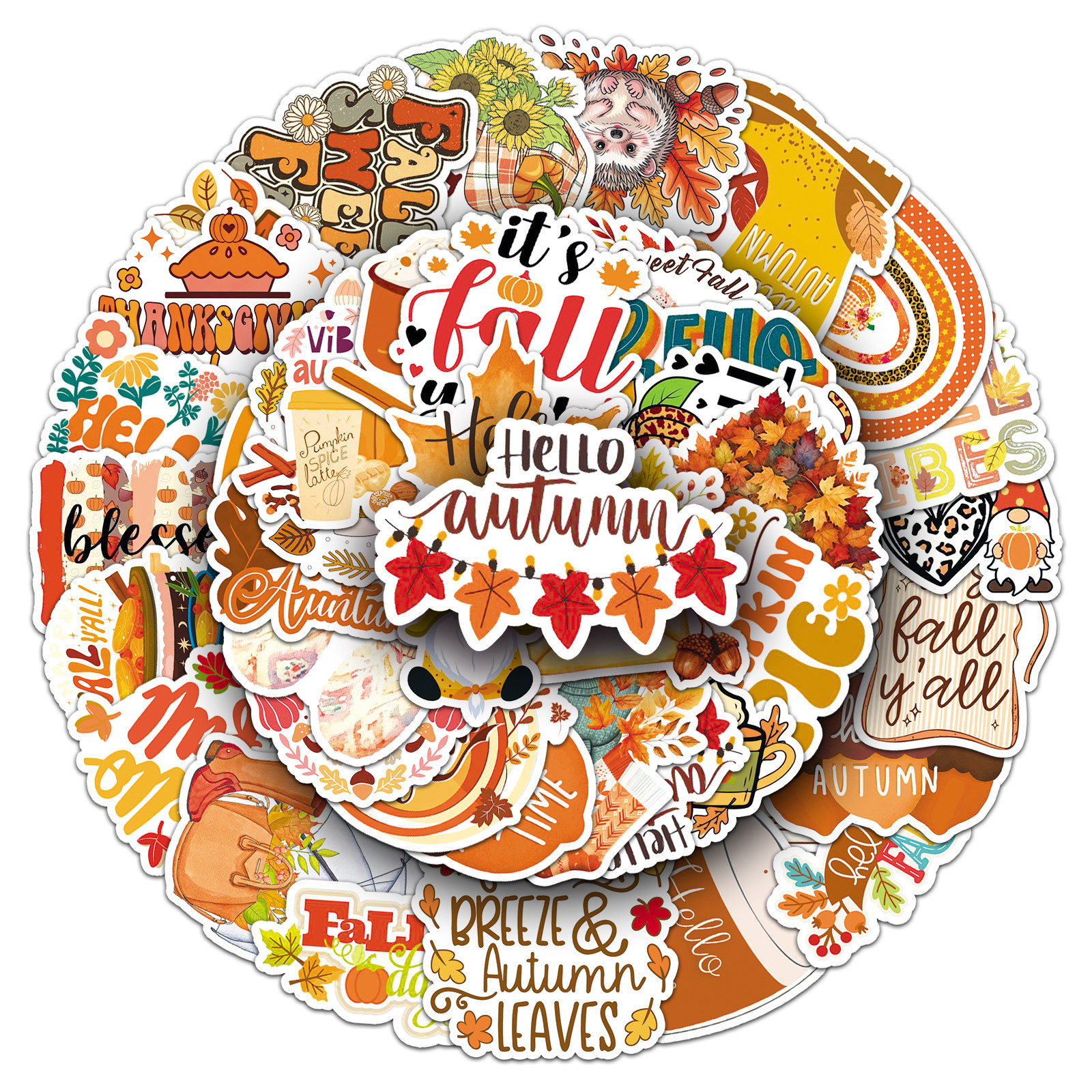 50张HAPPY FALL贴纸秋天落叶节日主题装饰防水平板电脑行李箱贴纸