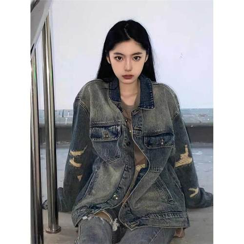 KUE复古破洞牛仔外套女年