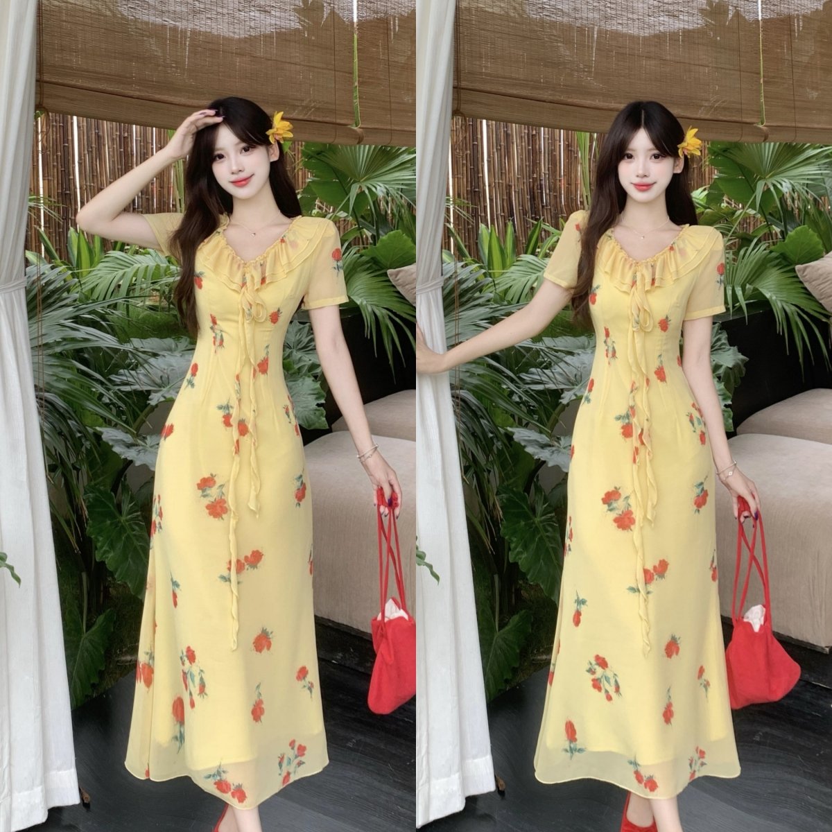 实拍  夏季新款法式度假风显白黄色碎花显瘦中长连衣裙