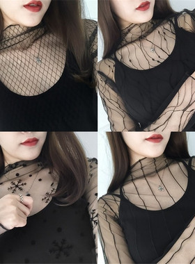 镂空网纱上衣女透视性感透明网格渔网长袖内搭网状黑色蕾丝打底衫