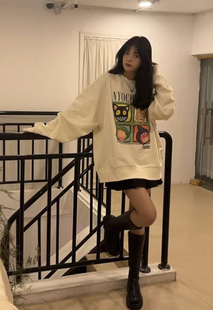 春秋薄款黑色卫衣女加绒加厚潮ins宽松韩版bf慵懒风圆领无帽外套