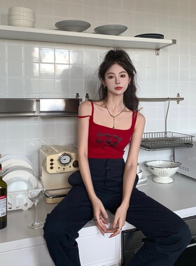 红色无袖短款吊带背心女夏季ins修身印花甜酷辣妹内搭上衣外穿潮