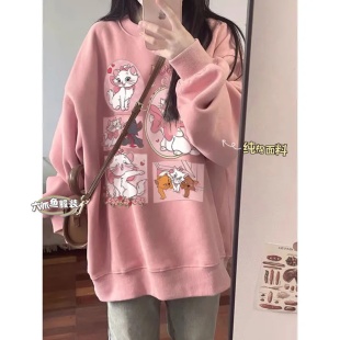 圆领卫衣女加绒加厚春秋2026新款慵懒风美式复古无帽港味chic上衣