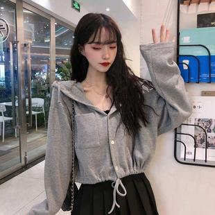 卫衣女抽绳薄款长袖ins潮上衣初秋韩版宽松短款百搭外套早秋2026