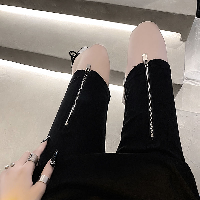 黑色开叉拉链紧身运动短裤女高腰显瘦薄款五分裤夏季休闲骑行裤子
