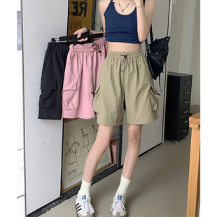 薄款 女夏季 美式 速干休闲阔腿裤 甜酷风粉色工装 宽松直筒五分裤 短裤