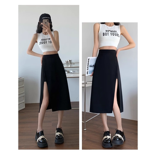 黑色半身裙女2025夏季新款闺蜜装长短不一裙子百搭A字开叉包臀裙
