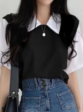 撞色翻领正肩短袖Polo衫女夏2026显瘦洋气假两件别致短款t恤上衣