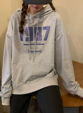 vintage连帽卫衣女春秋薄款外套宽松韩版原宿风百搭oversize上衣