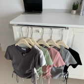 短款 大码 上衣 新款 设计感小众修身 抽绳v领短袖 不规则t恤女2026夏季