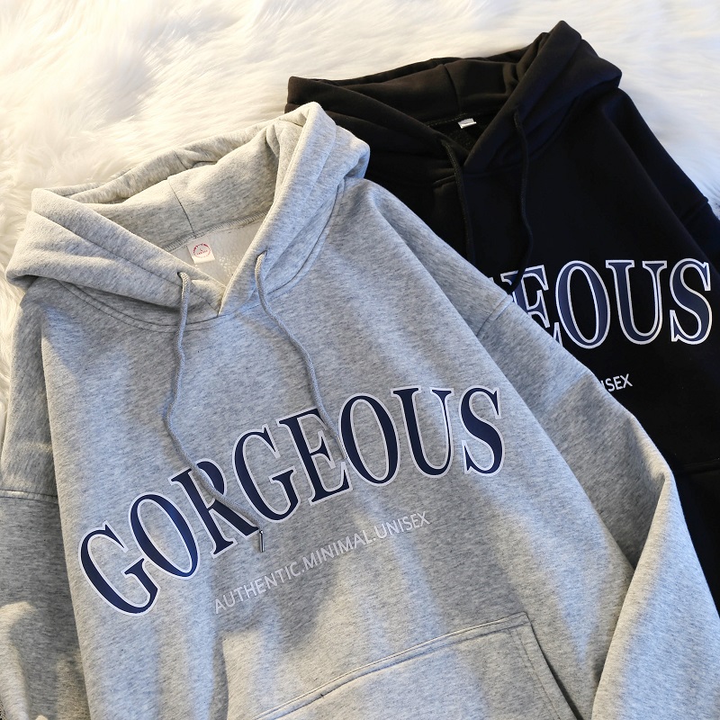 冬款纯棉连帽灰色卫衣女小个子潮ins超火情侣宽松秋冬加绒加厚