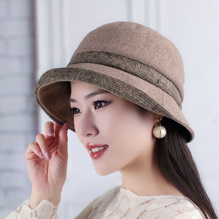 优雅复古妈妈帽女秋冬盆帽卷边宽檐渔夫帽含羊毛帽子高帽顶可折叠
