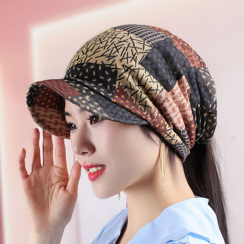 复古鸭舌头巾帽女春夏扎马尾帽子透气印花优雅堆堆帽包头护耳帽子