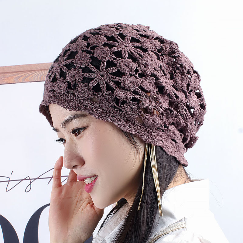 镂空钩花帽子女春夏单层堆堆帽优雅精致头巾帽妈妈帽月子帽透气薄