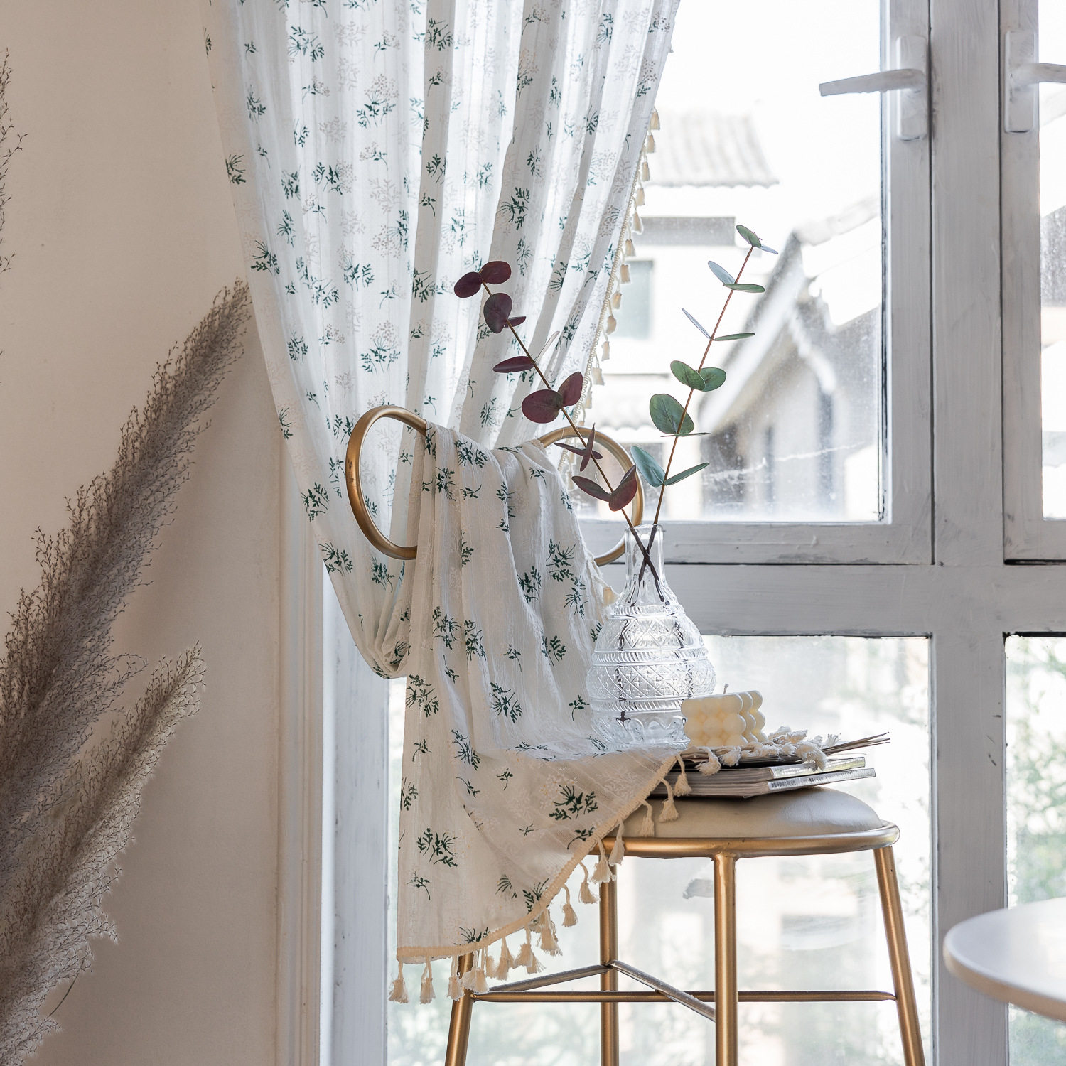 窗帘成品丁香花田园蕾丝镂空流苏飘窗帘厨房阳台半遮光帘免打孔帘