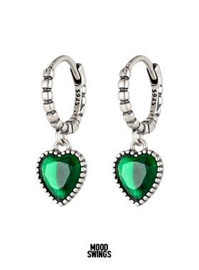 MS情绪波动 925纯银复古做旧绿色爱心耳环女小众设计高级感耳钉