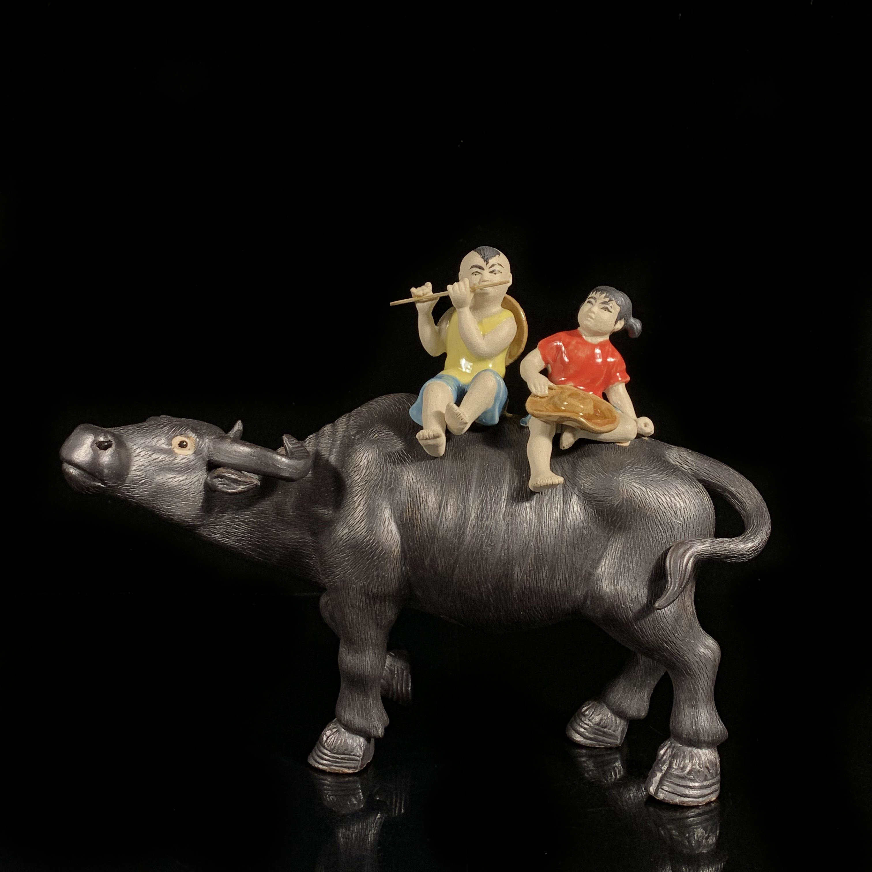 石湾公仔陶瓷牧童牛摆件家居客厅玄关中式摆设假山盆景水池装饰品