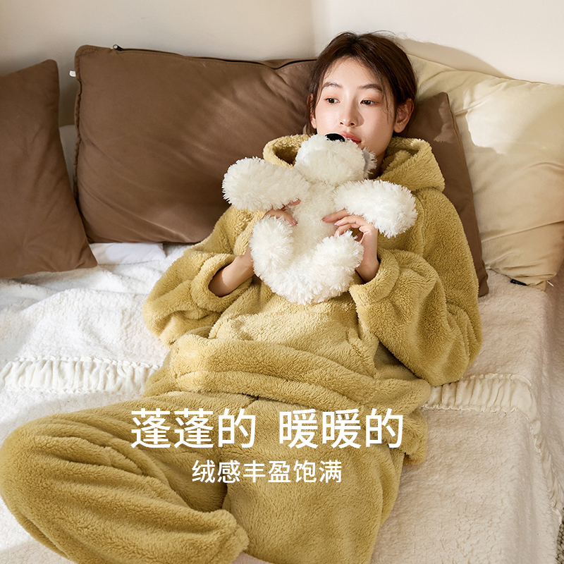 康妮雅女珊瑚绒秋冬连帽柔软睡衣