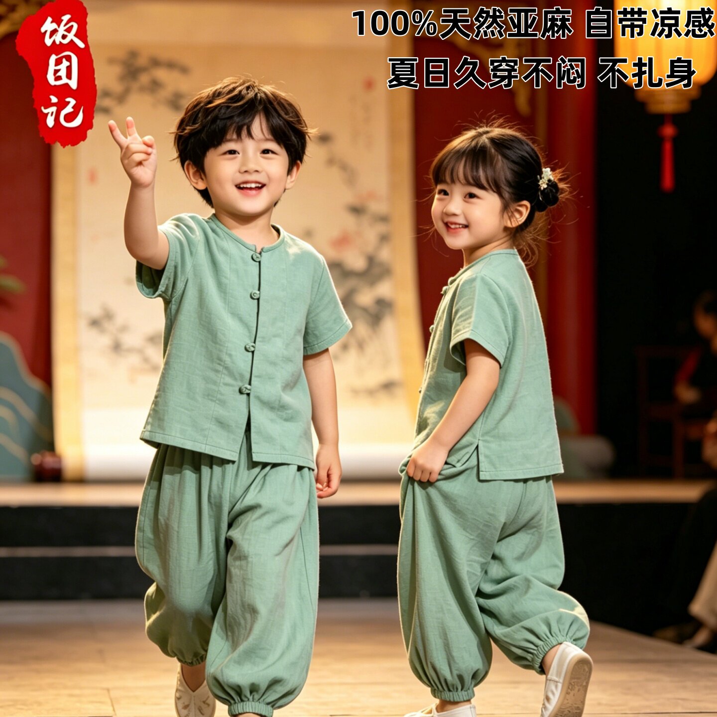 高端亚麻儿童汉服夏季中式唐装男女童日常国风练舞太极武术表演服