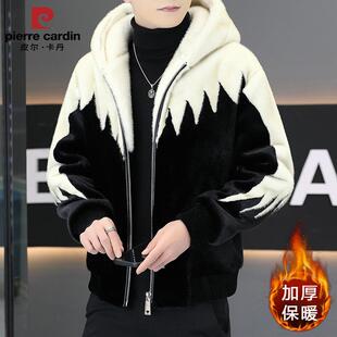 皮尔卡丹水貂毛外套男士冬季加厚保暖仿皮草金貂绒貂皮大衣