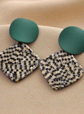 法式复古绿色几何方块耳钉女925银针个性百搭高级感网红耳环耳饰