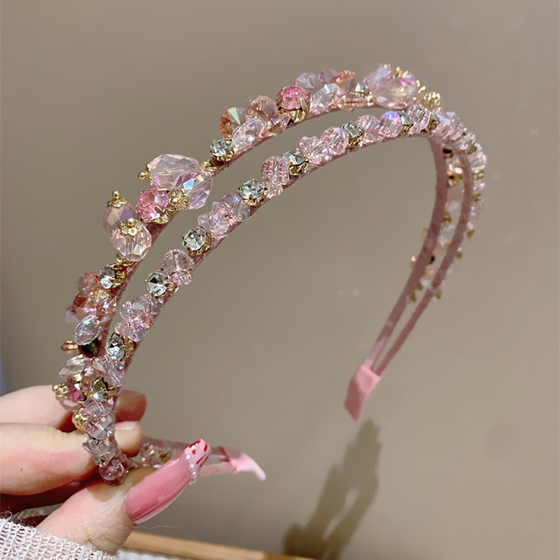 粉色水钻双层宽边压发头箍