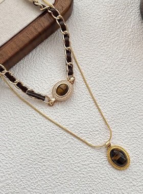 复古虎眼石双层叠戴项链女