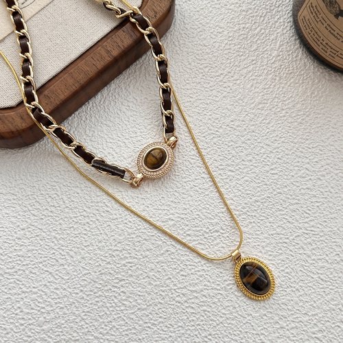 复古虎眼石双层叠戴项链女