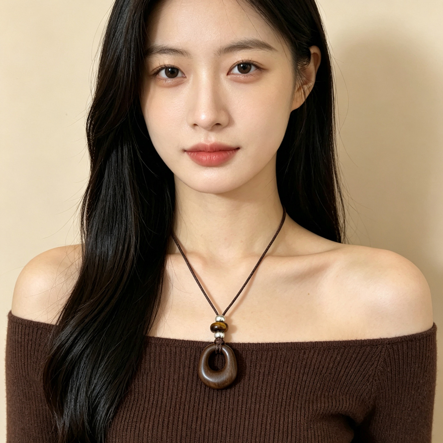木质镂空圆环虎眼石项链女2026新款简约气质百搭长款毛衣链配饰女