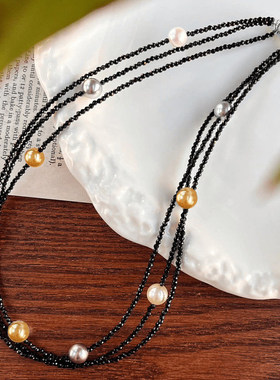 法式轻奢铜合金黑色串珠锁骨链